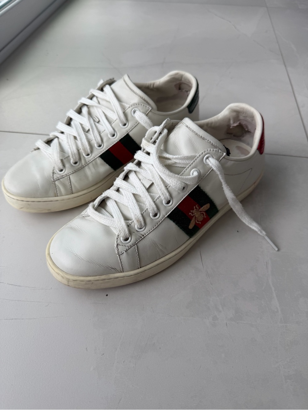 Gucci White Leather Sneakers with Red & Green Stripe and Bee